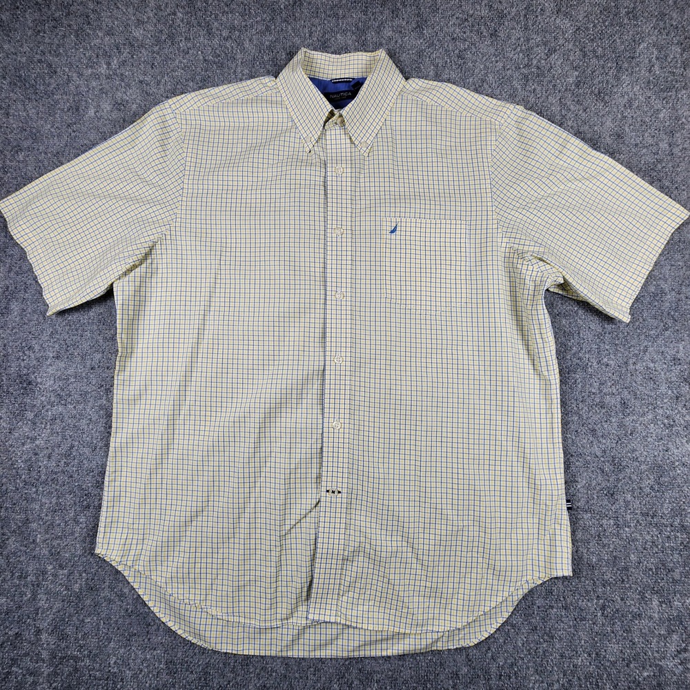 Nautica Mens XL Short Sleeve Button Down Shirt Yellow Blue Plaid Tencel Blend